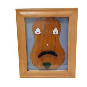 Art 3D Wood Guitar Mustache Man Signed Artist Wooden Frame Wall Hang Whimsical